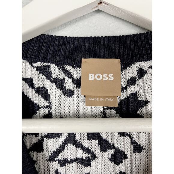 Hugo Boss Feyre's Geo Pattern Ribbed Sheath Dress in Midnight Fantasy - Picture 7 of 16